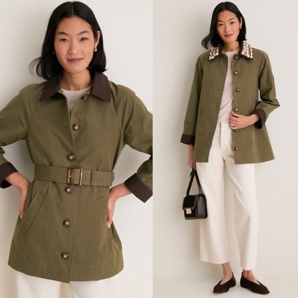 Veronica Beard Langham Dickey Embellished Canvas-Trimmed Coat Stone Army NWT